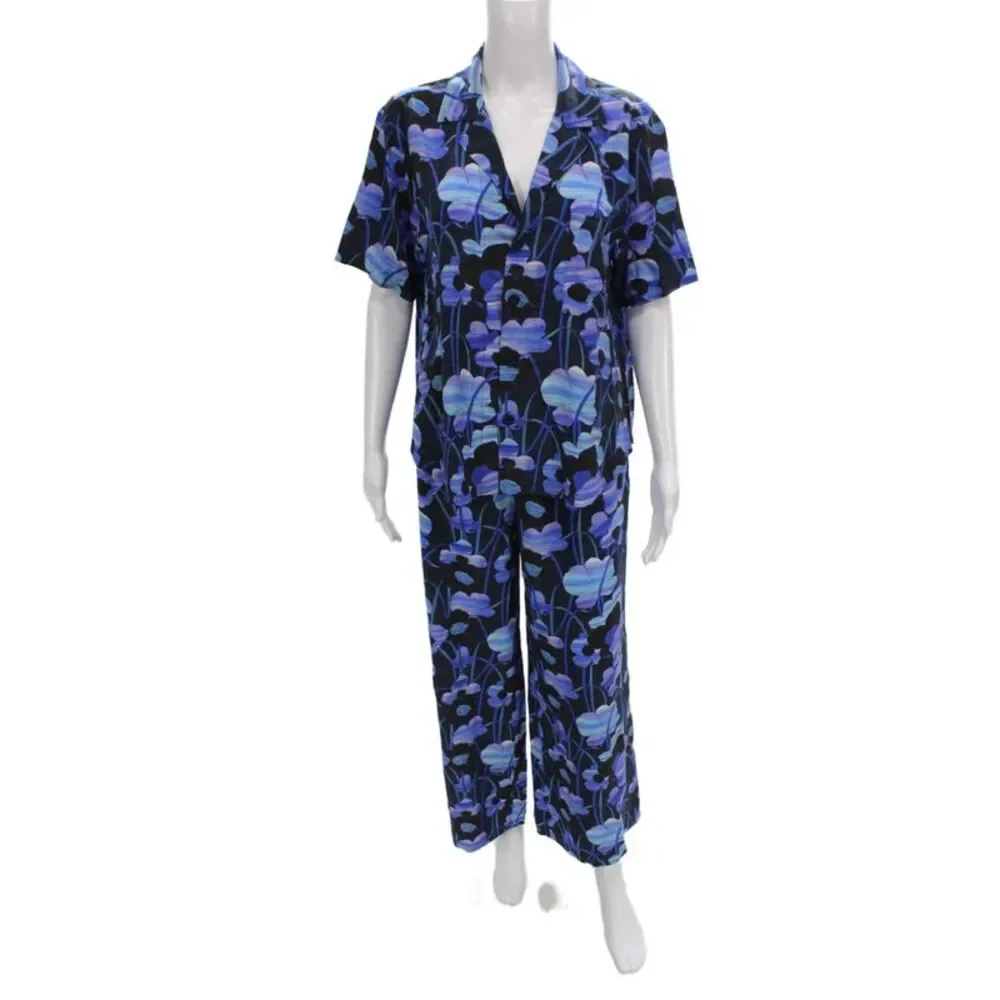 The Westside Womens Black Silk Floral Kimono Pajama Set Short Sleeve Size M